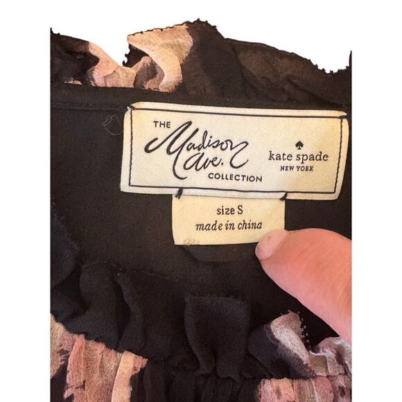 🌸 KATE SPADE Madison Ave Collection Floral Ruffle Blouse S Black Pink Chiffon - Picture 3 of 10